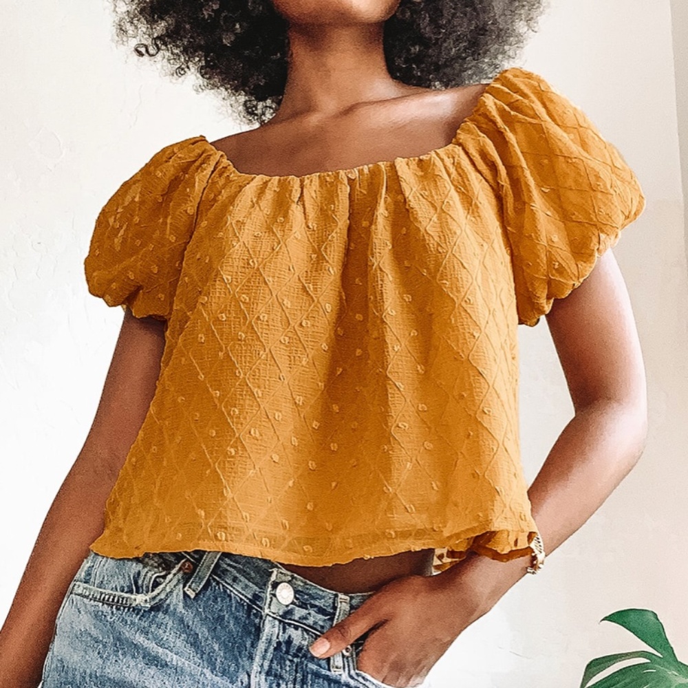 Mustard Yellow Swiss Dot Off-the-Shoulder Top